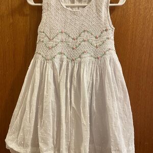 White Smocked Sleeveless Kids Dress with Pink Floral Accents